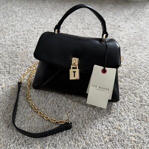 NWT Ted Baker Poppy Mini Black Satchel Bag Purse with Gold Chain